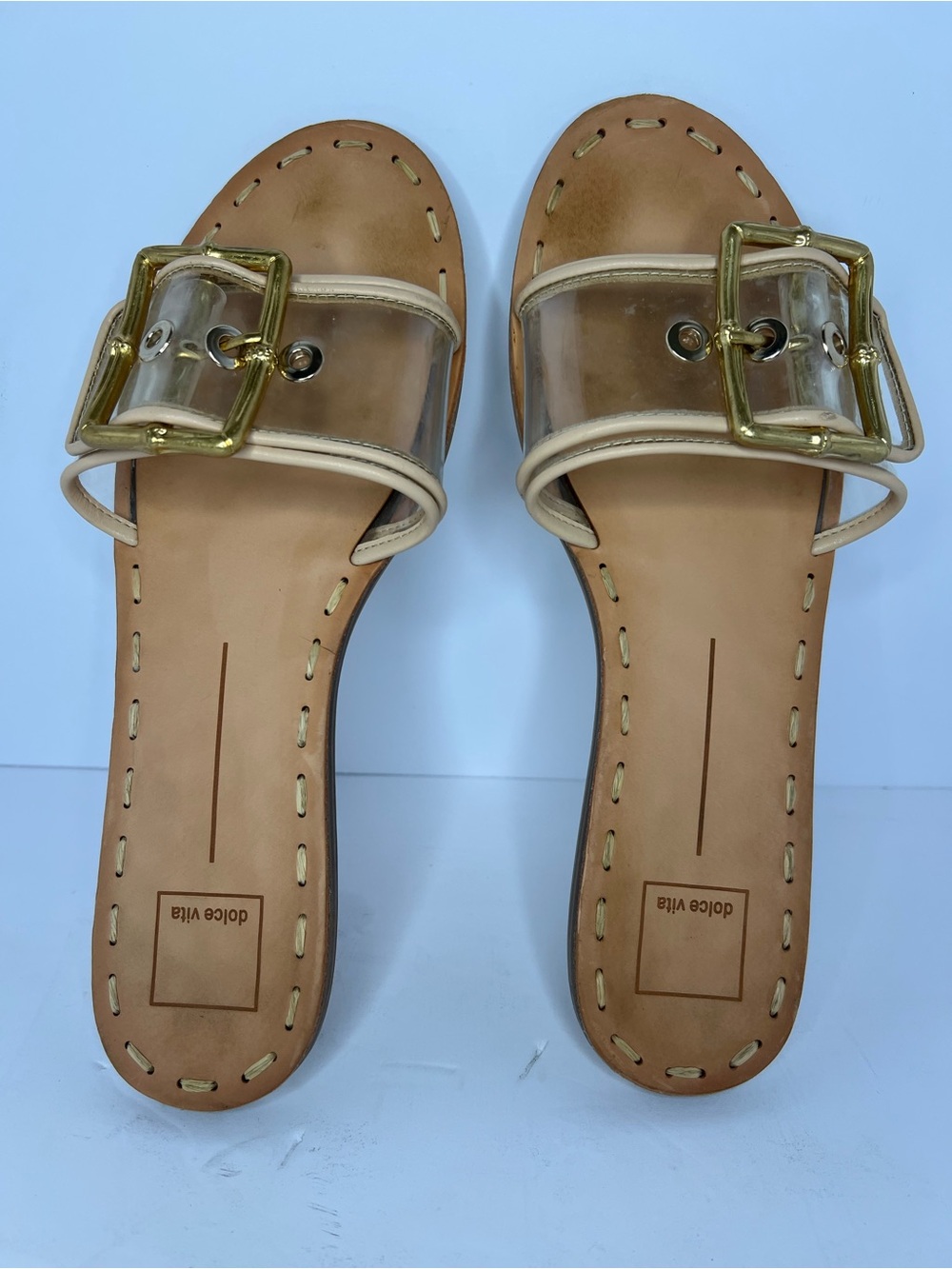 Dolce Vita Clear Strap Tan Slide Sandals Gold Bamboo Buckle Flat Women Size 10